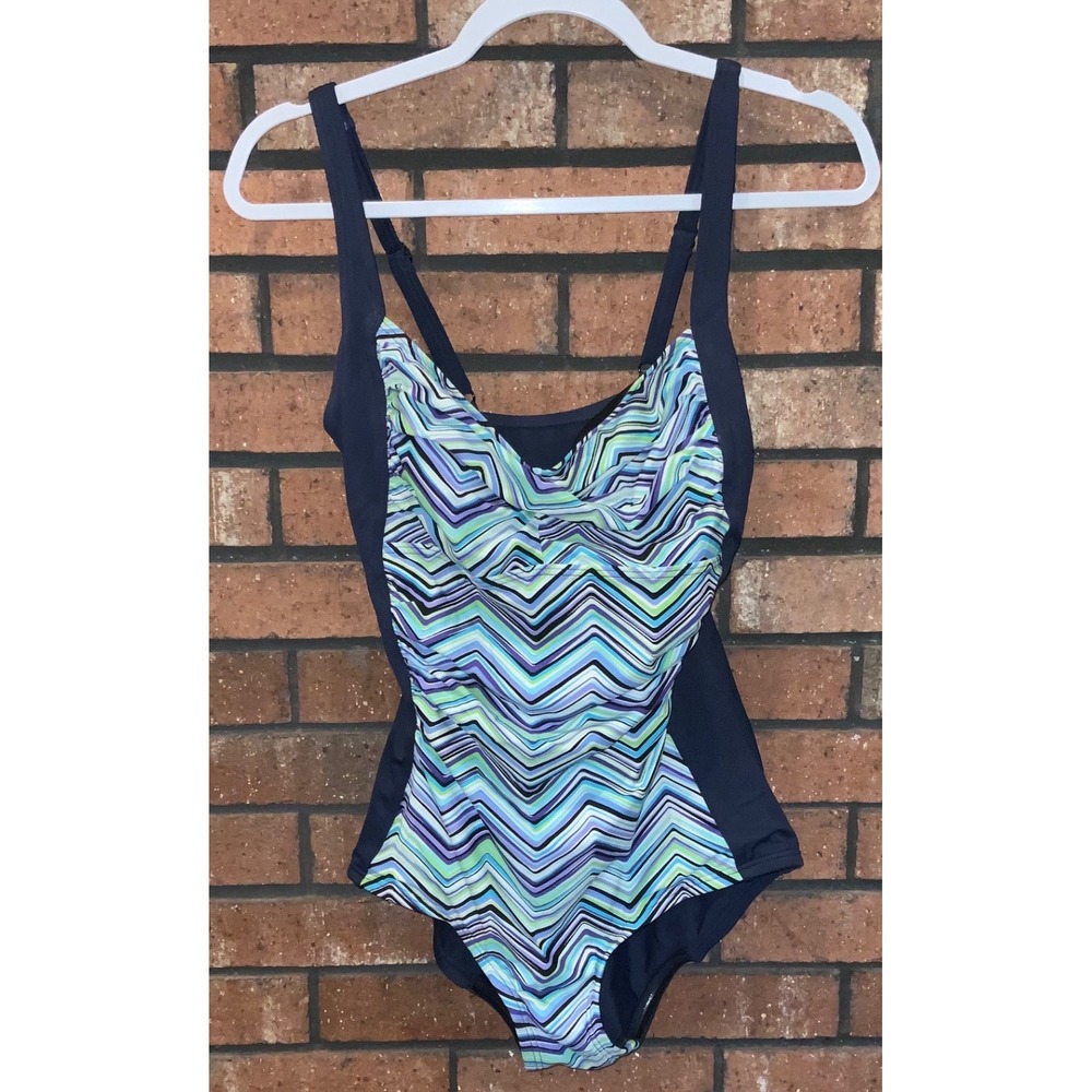 Gabar Womens One Piece Swimsuit Cowl Neck Chevron Geometric Blue Green Navy 10